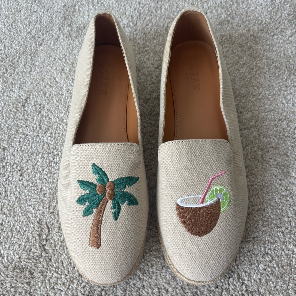 J. Crew Tropical Embroidered Tan Espadrilles Slip On Loafer Palm Tree Cocktail